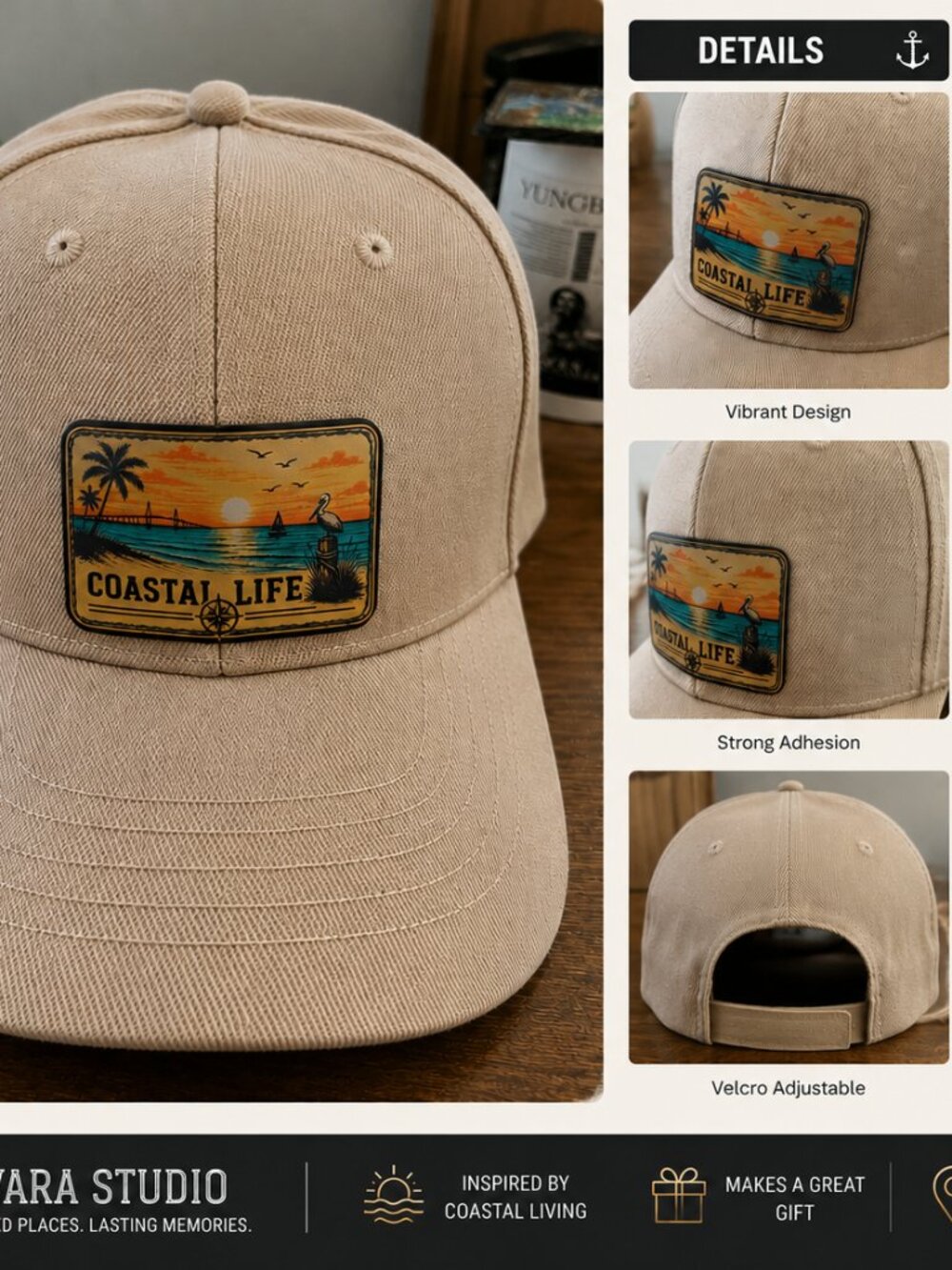 Coastal Life Leather Patch Hat Beach Fishing Adjustable Baseball Cap Khaki